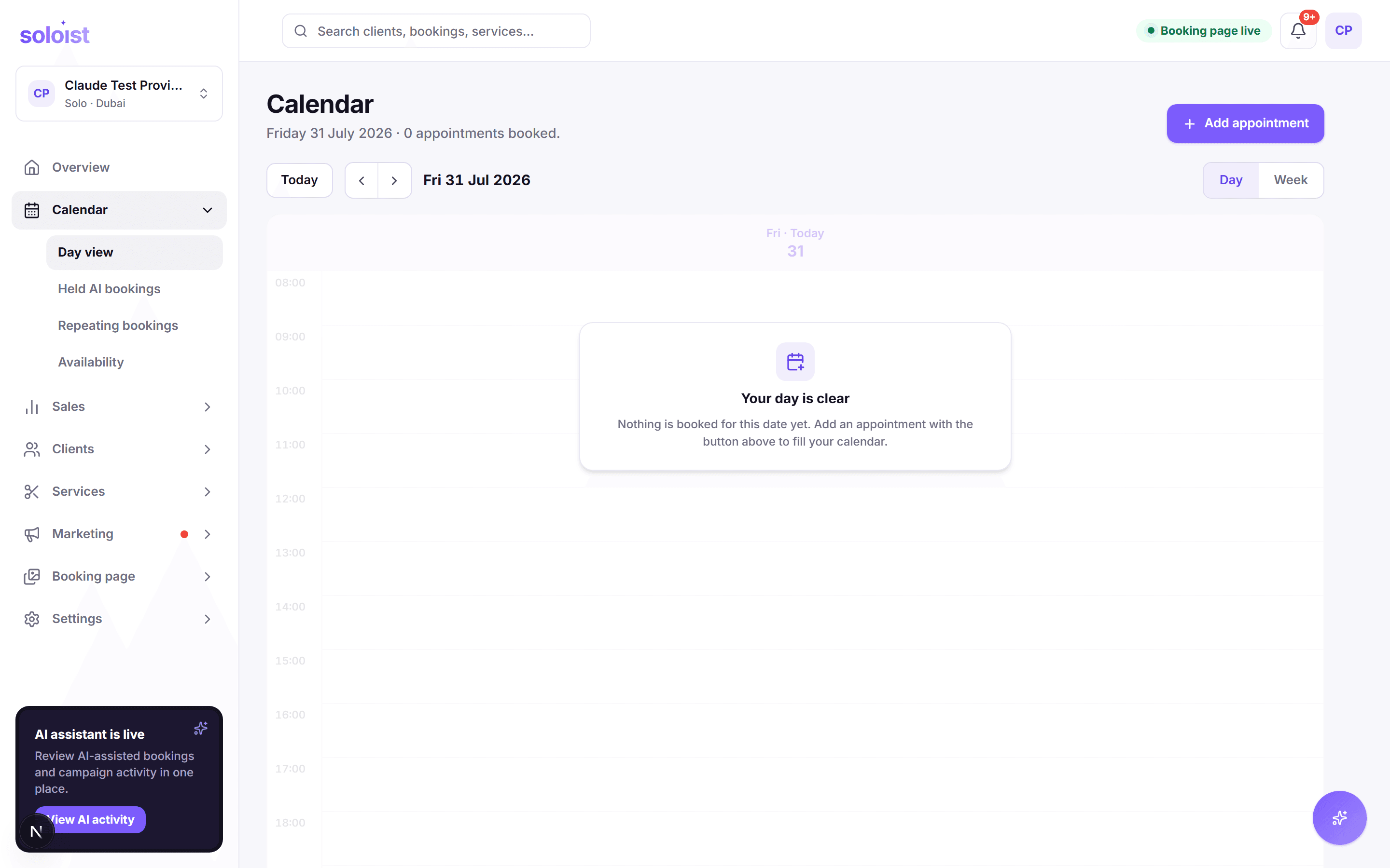 The Soloist provider calendar dashboard