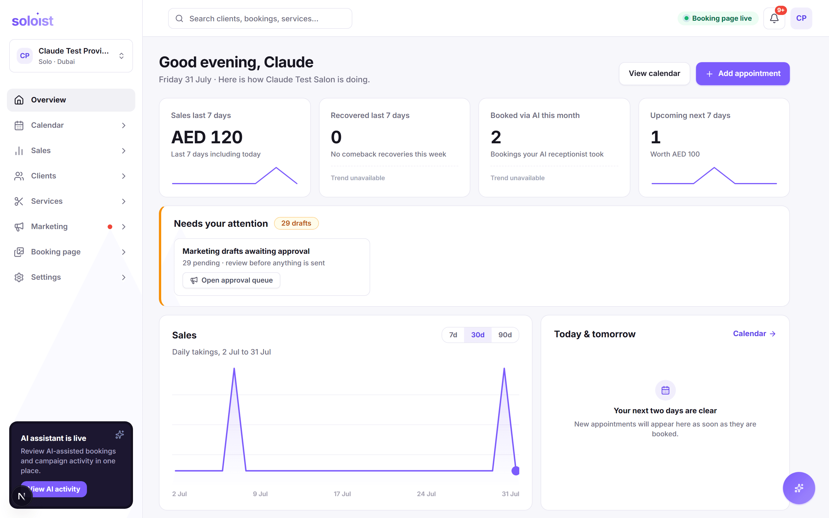The Soloist provider dashboard overview