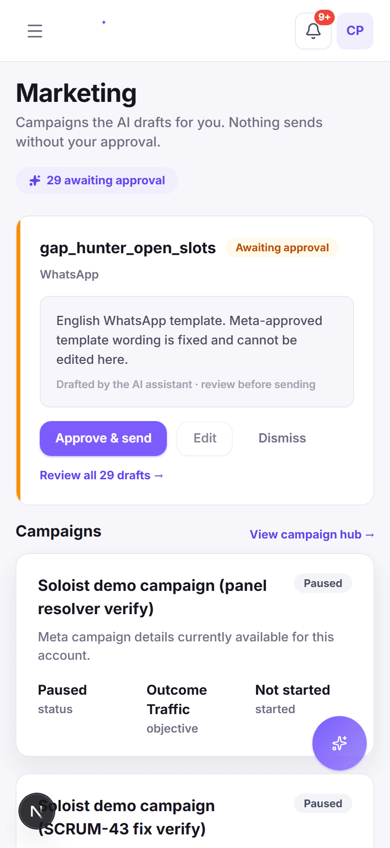 The Soloist marketing approval queue on iPhone